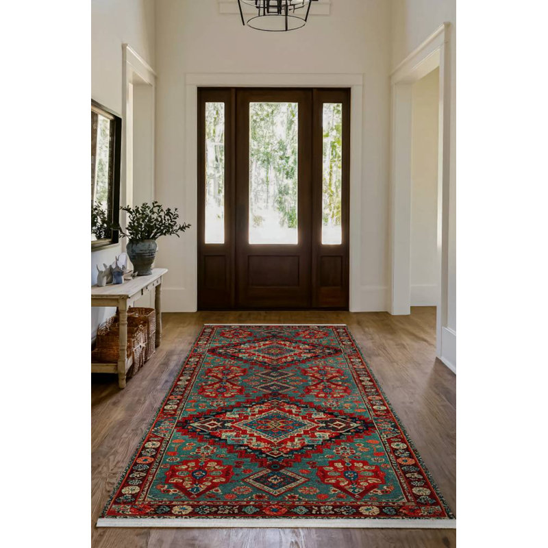 Ezra Collection Digital Print Cotton-Polyester Green Red Moroccan Rug, Square 6'7"
