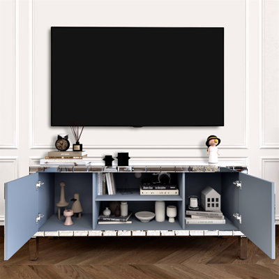 Mirrored TV Stand with Crushed Diamond Glass Doors, a Modern and Functional Media Entertainment Center for Living Room Storage