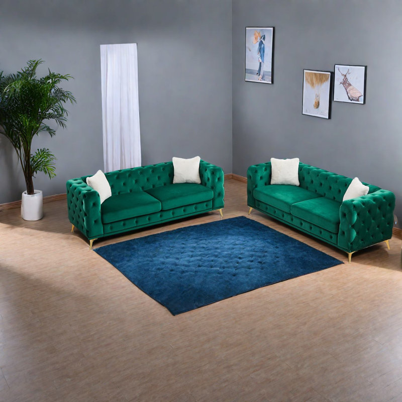 Compression Sofas Set, Green Velvet Wood Frame Modern Living Room