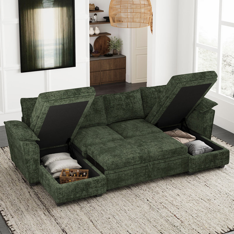Chenille U-Shaped 4-Seat Storage Sofa King Pull Out Bed Sleeper Livingroom Modular Sectional Sofa Apartment Couch