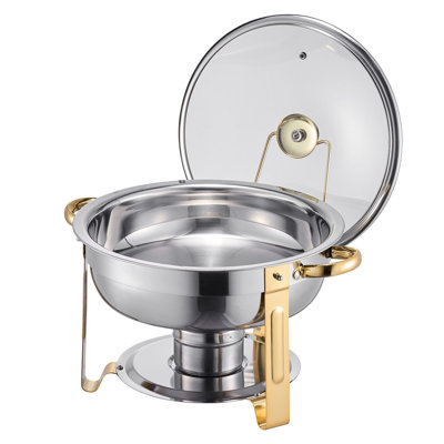 Round Chafing Dish 5 Qt Stainless Steel 4-Piece Buffet Server Set Gold with Glass Lid and Folding Stand