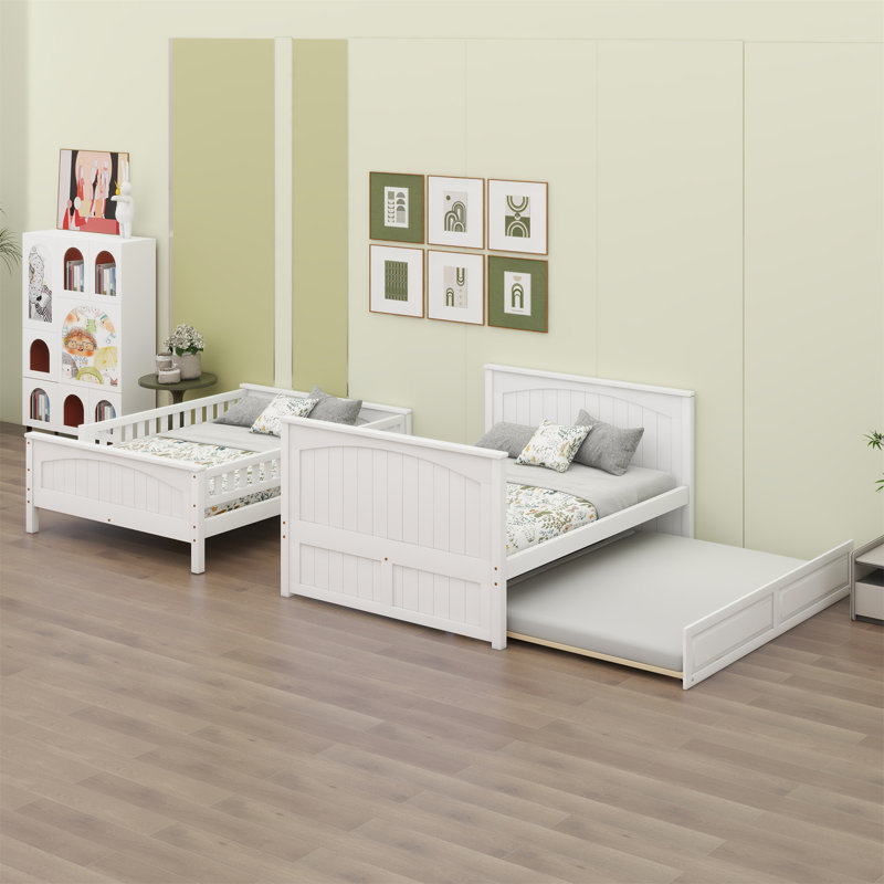 Wood Bunk Bed With Trundle, Guardrails, White