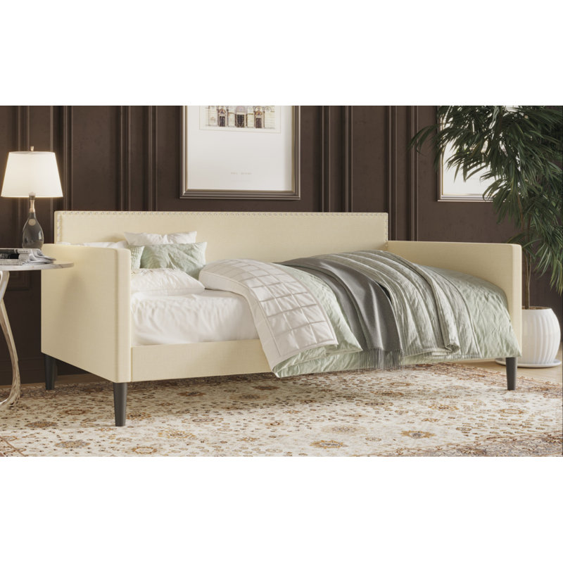 Beige Upholstered Twin Daybed with Nailhead Trim