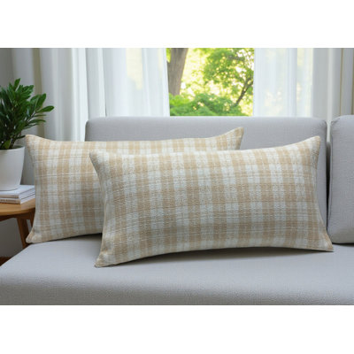Aiking Pack of 2 Shepherd Plaid Tweed Textured Decorative Lumbar Pillow Covers 12x24 Inch, Beige and White