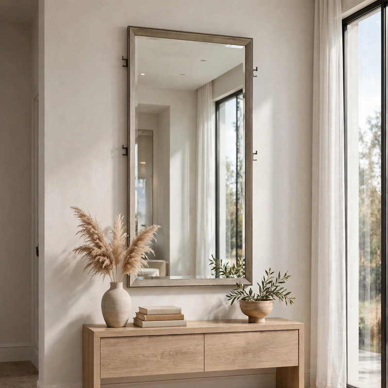 Lyni Standing Floor Mirror with Beveled Frame, Taupe Oak Wood 36x80