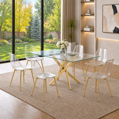 7-Piece Modern Glass Dining Table with Gold Base and Clear Chairs