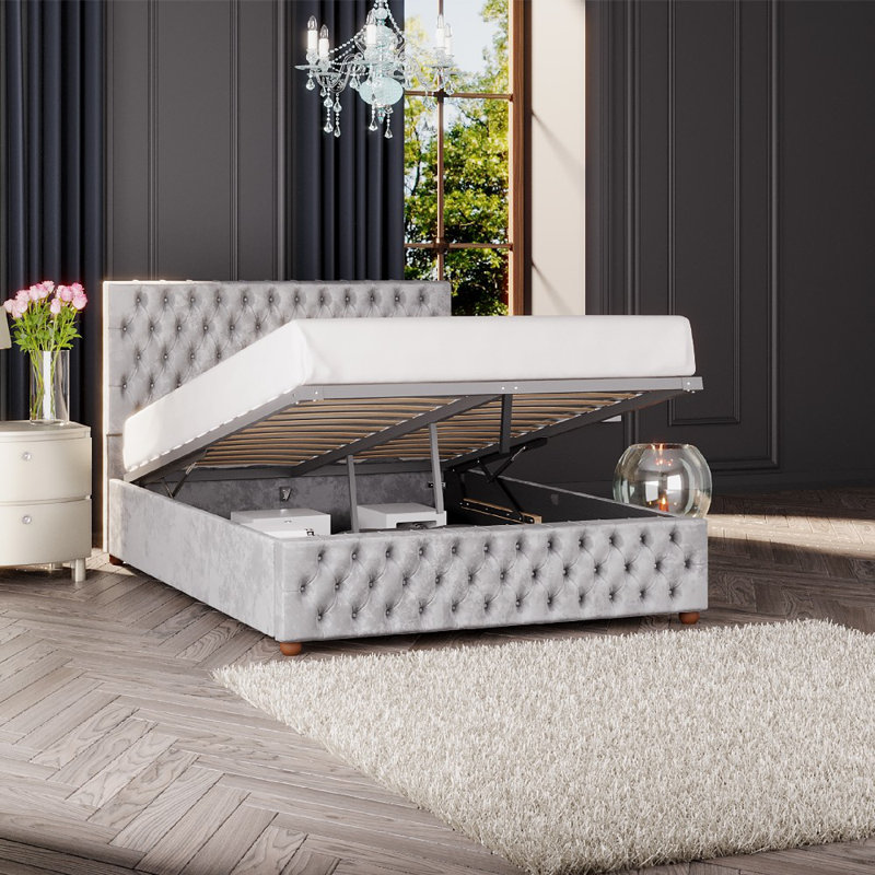 Upholstered Ottoman Bed, Silver, Super King (6')