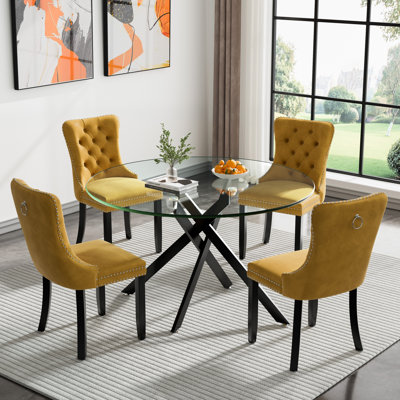5 Piece Round Glass Dining Table Set for 4, Modern 47.25" Glass Kitchen Table, Tufted Velvet Upholstered Dining Chair, Circle Dining Table and Chairs by House of Hampton