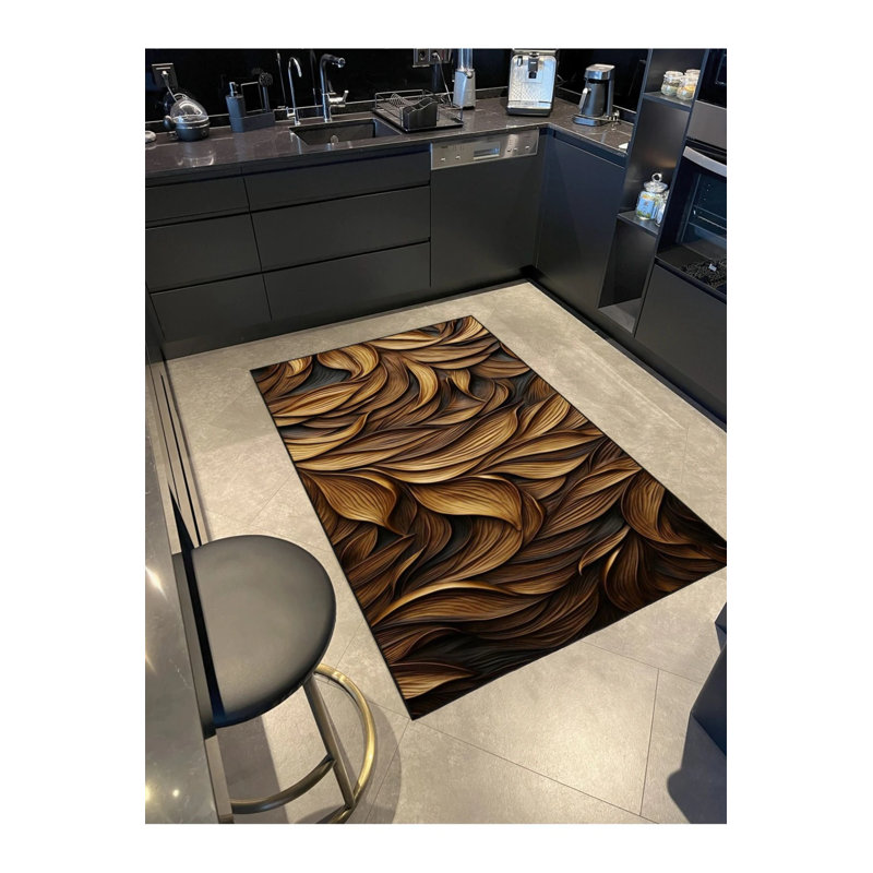 Brown Leaf Woven Based Washable Carpet, Rectangle 3'4" x 6'7"