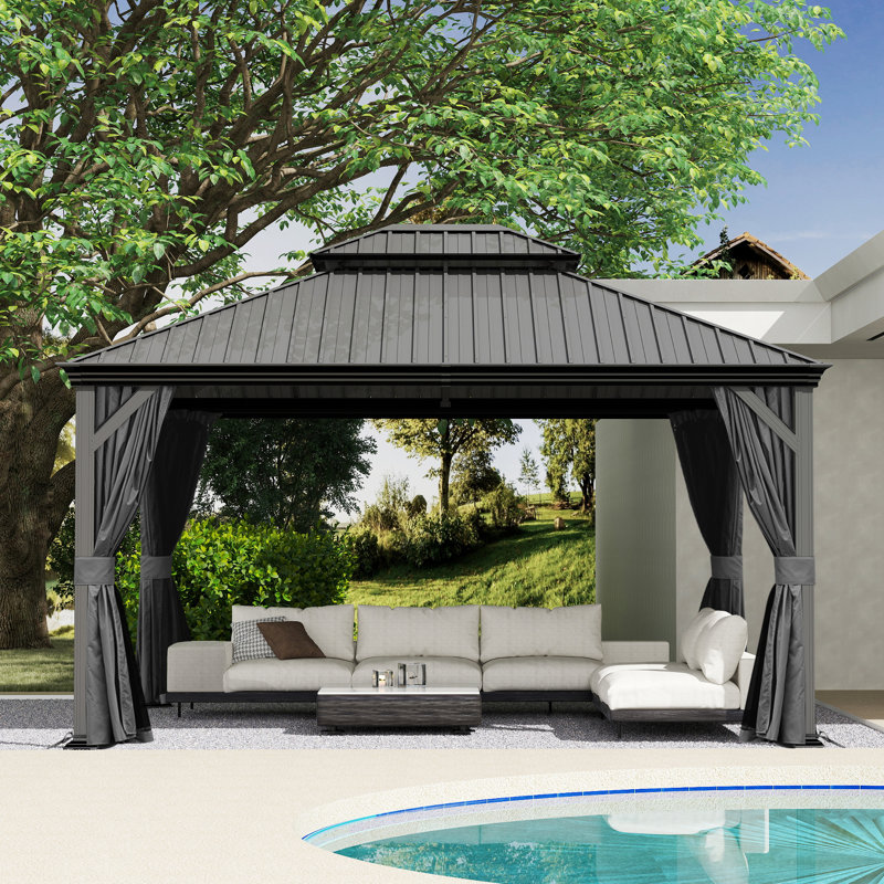 Outdoor Galvanized Steel Patio Gazebo with Double Roof, Gray, 114.7" H x 142.91" W x 117.32" D