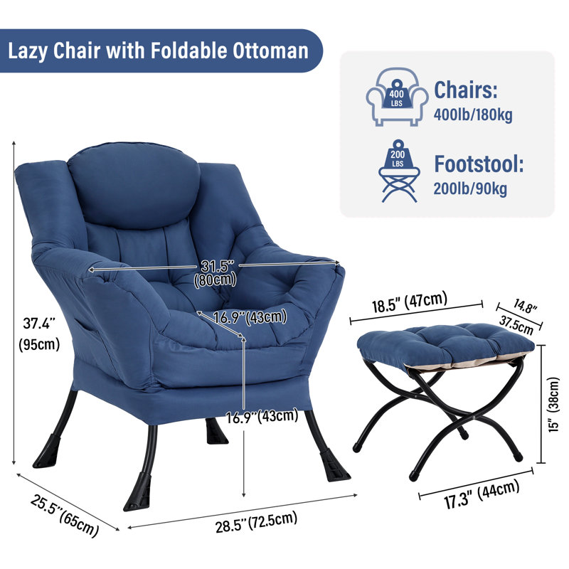 Abramson Lazy Chair, Modern Lounge Accent Chair with Armrests and a Side Pocket, Blue Cotton, No