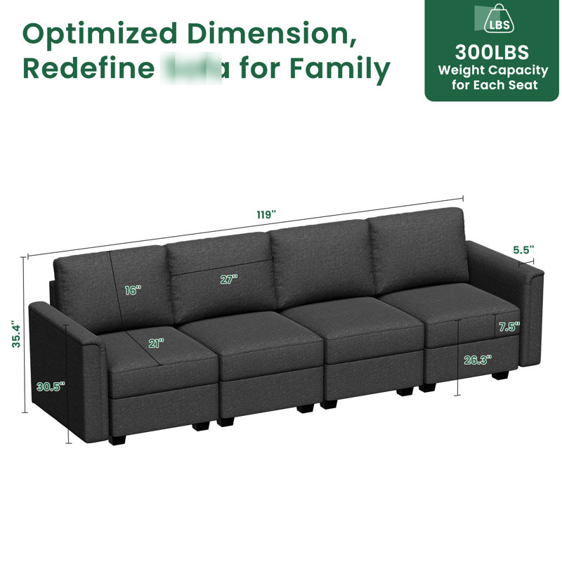 Canapé modulaire convertible avec 4 sièges en lin gris, fonction de rangement, coussins rembourrés en mousse à mémoire de forme, 27 po, structure en bois massif pour une vie décontractée - assise en lin, assise, rembourrée, configuration de pièce