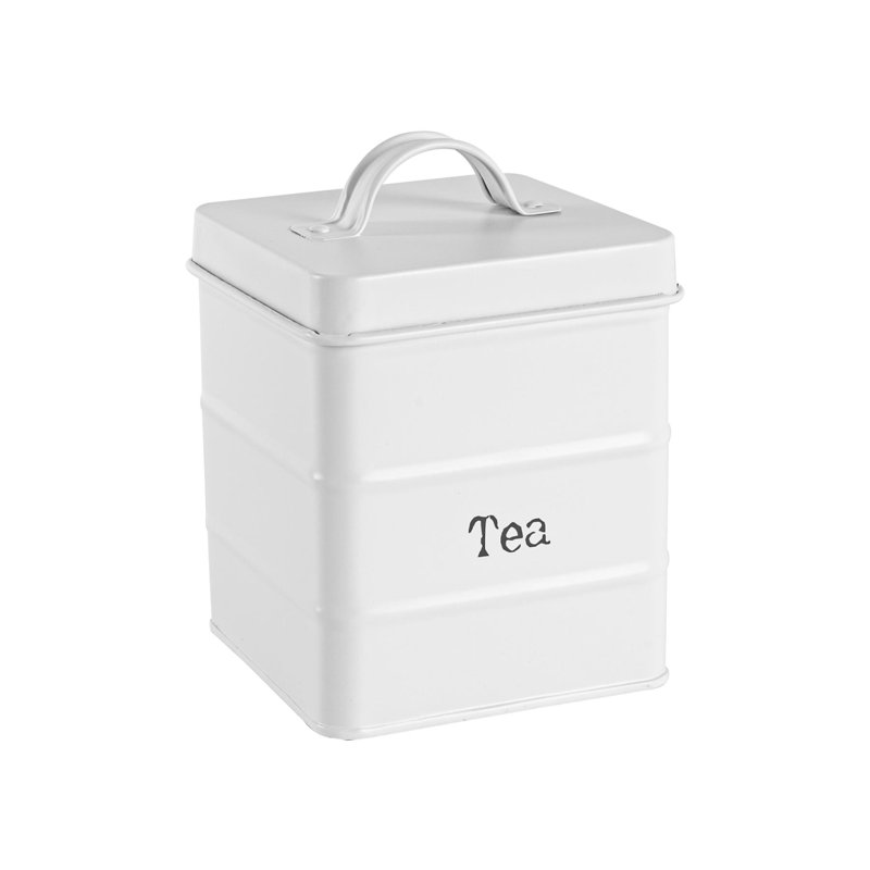 Vintage Metal Kitchen Tea Canister, White, 17cm H x 12cm W x 12cm D