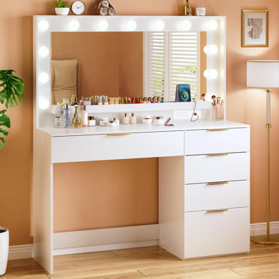 Talei Makeup Vanity Desk Large Mirror, 5 Drawer, Adjustable Light, Power Outlet