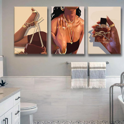 3Pcs Black Girl Wall Art African American Canvas Woman Pictures Fashion Girl Abstract Posters Prints Boho Black Female Paintings For Nordic Minimalist Room Bedroom Wall Decor Framed