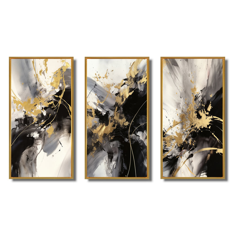 Or et gris fluides fusion III - ensemble d'art abstrait mural de 3, Cadre flottant doré, H 28 po x l 36 po