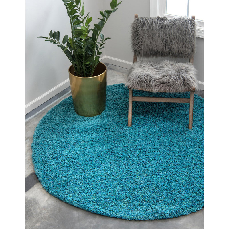 Tapis noir de jais Santoshi, Rond 6 pi 1 po, Bleu aqua foncé