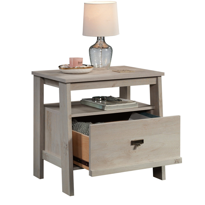 Table de chevet rectangulaire brune, tiroir pour le rangement, fonction coulissante, tablette ouverte, couleur chaude, fabrication, meuble de chambre à coucher simple à assembler avec tiroir, finition pour compléter le décor, polyvalence