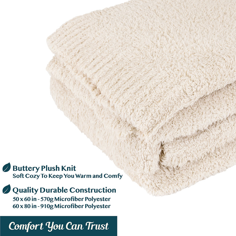 Cream Twin Reversible Fleece Knit Throw Blanket