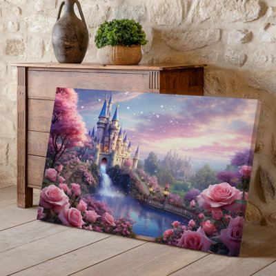 Toile, paysage fantaisiste de conte de fées mettant en vedette un château enchanteur avec un grand art mural, tours pointues ornées de drapeaux