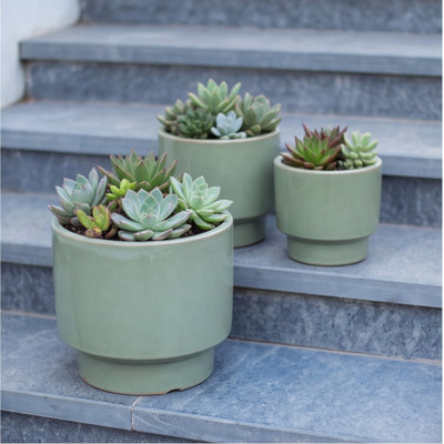 Ensemble de 3 pots à fleurs faits à la main en céramique (15, 12, 9 pouces) - Pots de fleurs vernis vert terre, argile poreuse respirante pour plantes d'intérieur et d'extérieur