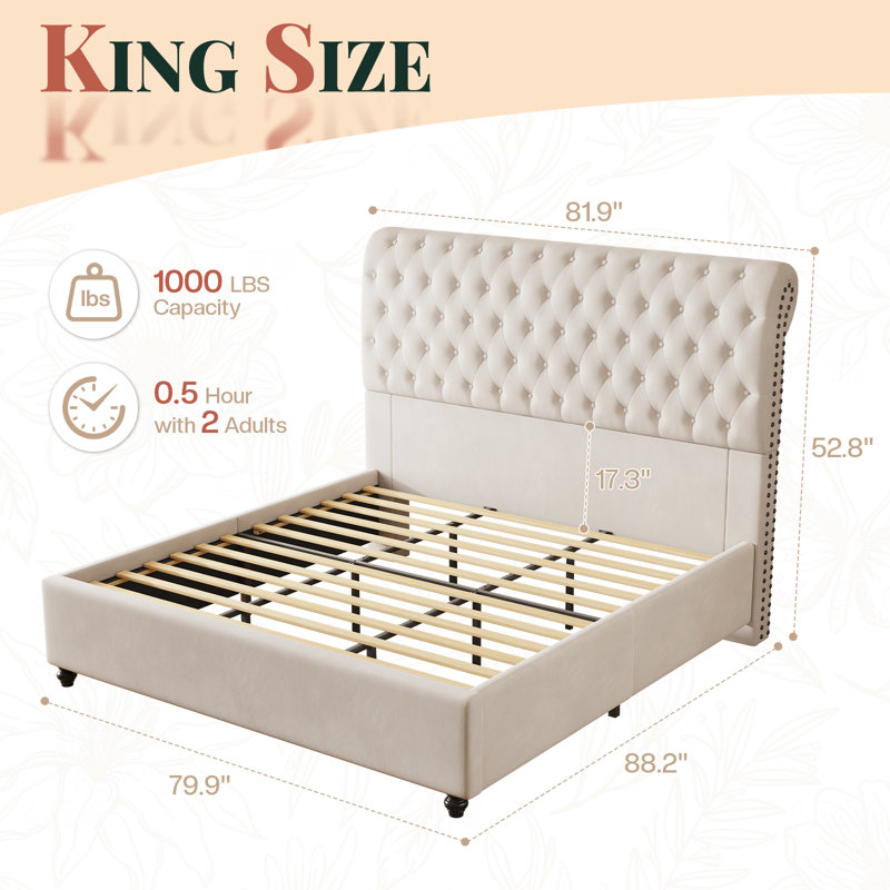 Jamileth King Upholstered Sleigh Bed with Tall Button-Tufted Headboard and Nailhead Trim, Cream, King, Cream