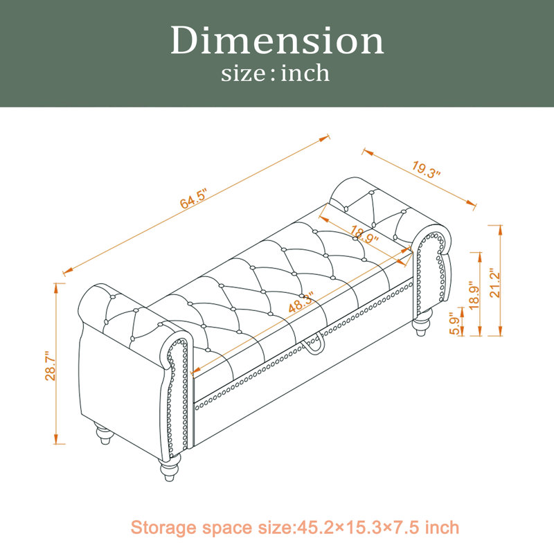 64.5" Bed Bench For Bed Room Nails Tufted Chaise Of Lounge With Storage Velvet Upholstery, Khaki