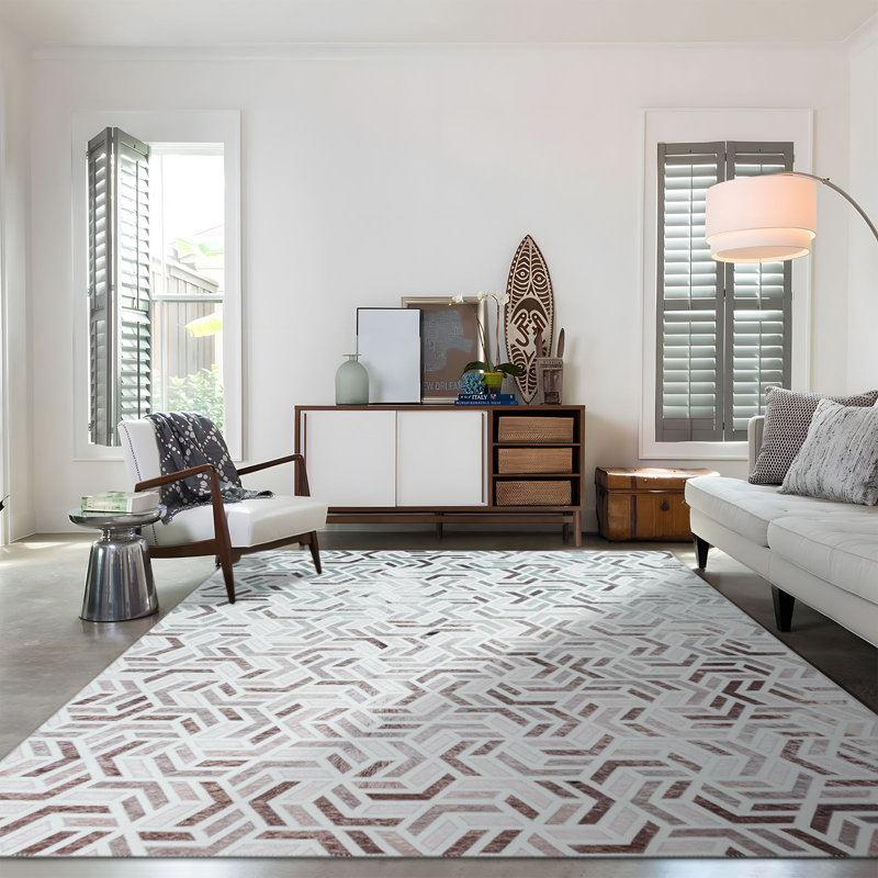 Coronado Modern Geometric Washable Area Rugs For Living Room Bedroom Brown/White, Rectangle 8' x 10'