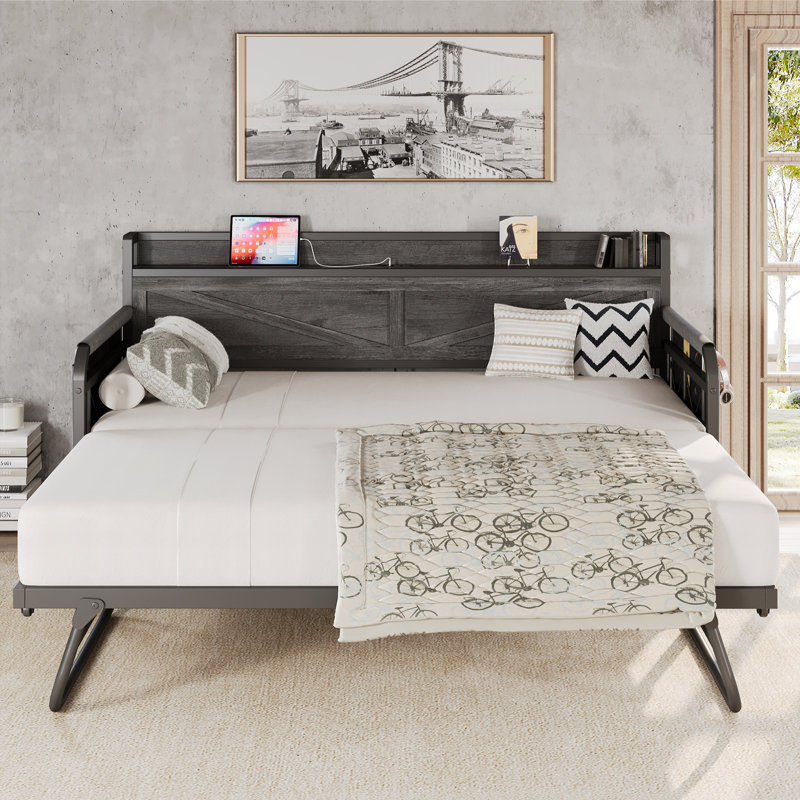 Lit de jour simple avec couchette escamotable, charge et rangement intégrés, support en métal robuste, gris anthracite
