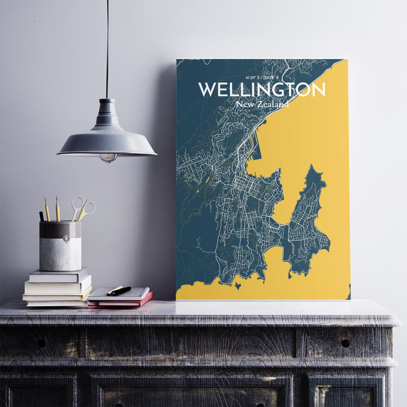 Wellington, carte de la ville, impression, H 27,6 po x l 19,7 po, Bleu / jaune