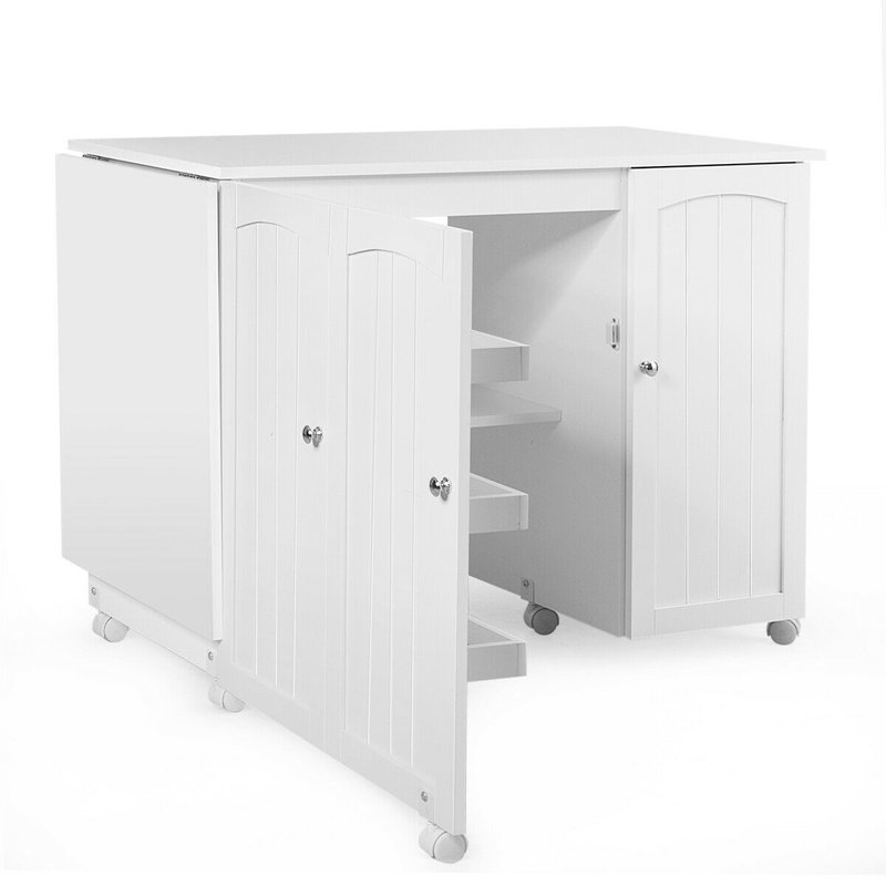 Folding Sewing Table Storage Cabinet Craft Cart with Wheels-White