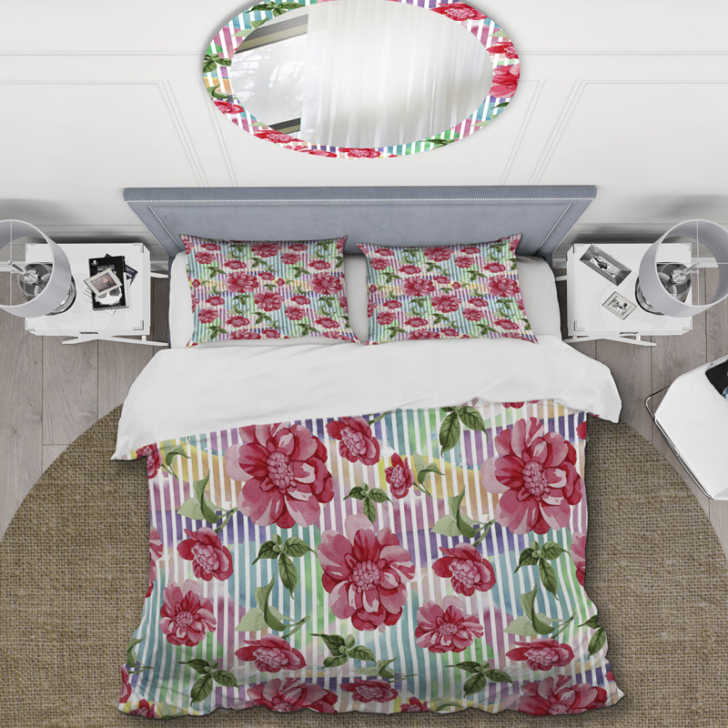 Roses roses et feuille verte - ensemble de housse de couette floral - microfibre de polyester