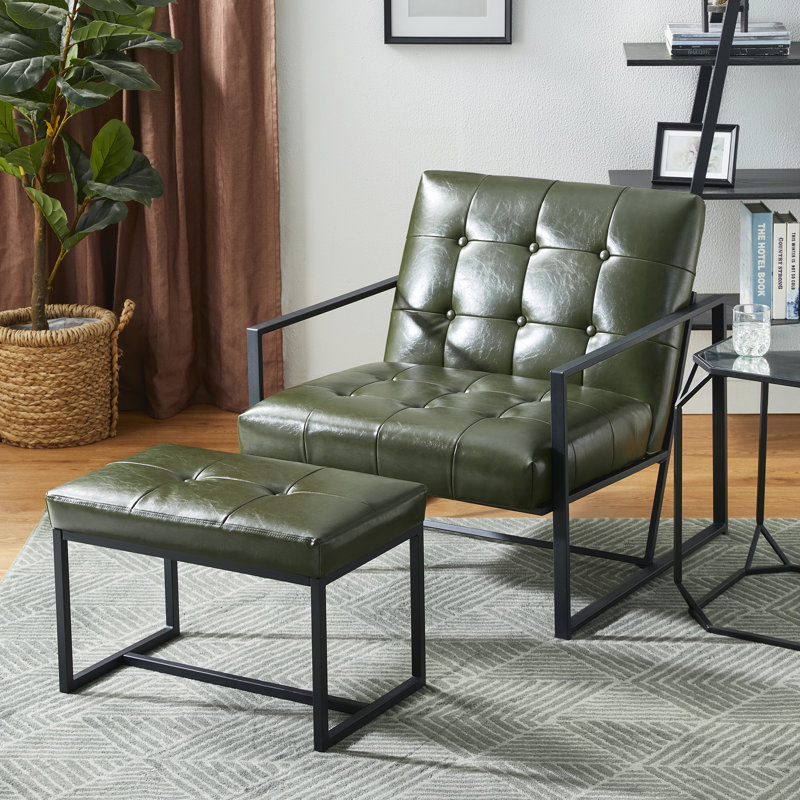 Fauteuil et repose-pieds en cuir Buren, Similicuir vert