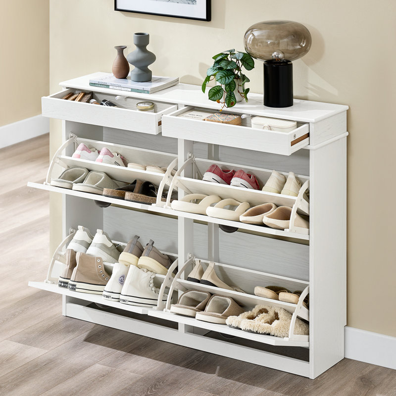 Moriah 16 Pair Flip Down Shoe Storage, White Vintage Wood Grain Effect/Black