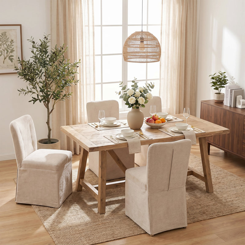 Linen Fabric Padded Upholstered Kitchen Chairs Dining Chairs (Set of 6), Beige