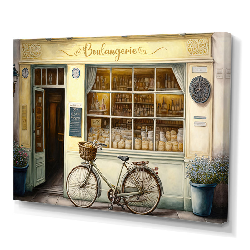 Vélo devant une boulangerie française I - Peinture sur toile, H 30 po x l 40 po x P 1,5 po, Toile tendue