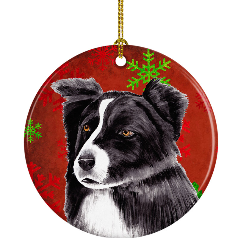Ornement figurine suspendu en céramique collie flocons de neige de noël border