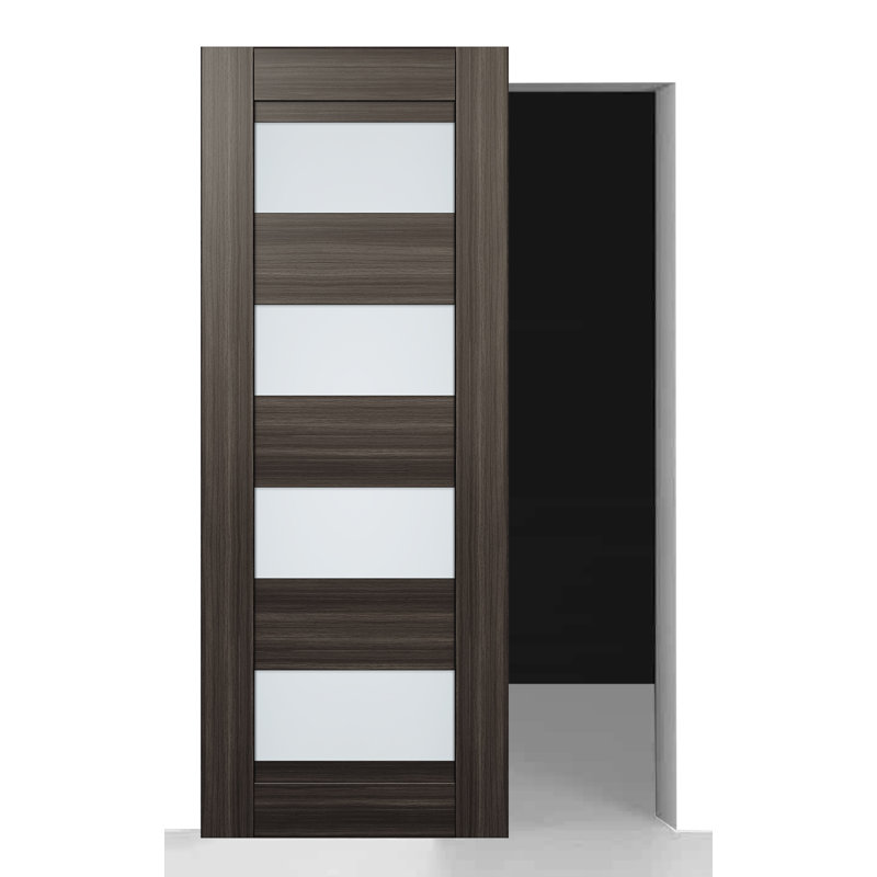 Porte de grange coulissante avec panneau de base en bois manufacturé et verre givré Della, 31,75 po x 79,37 po, Chêne gris