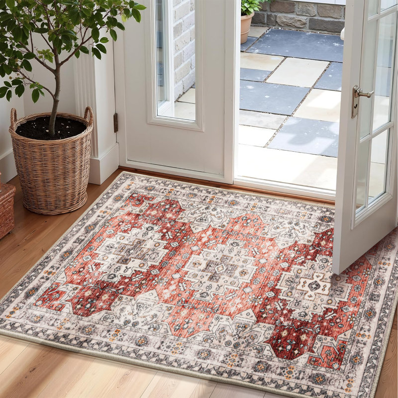 Paillasson d'intérieur à profil bas Vintage Medallion, 24 po x 36 po, Rouge