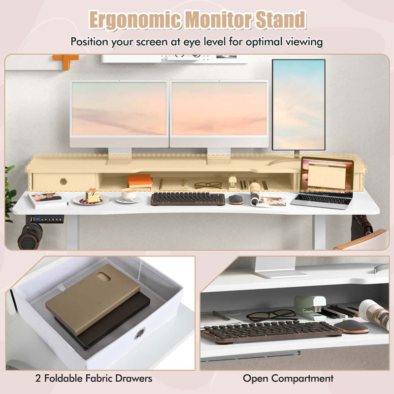 63" x 24" Electric Standing Desk with 2 Drawers Monitor Stand Storage Shelf, White