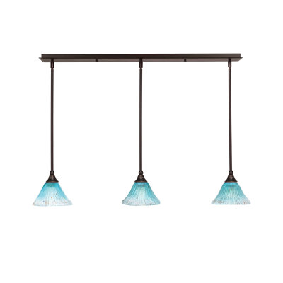 3 Light Stem Hung Linear Pendalier Shown With 7" Teal Crystal Glass