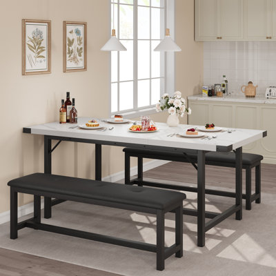 Ensemble de table et de chaises de salle à manger extensibles de 160 cm pour 4 à 6 personnes, table de cuisine rectangulaire avec 2 banquettes rembourrées, gain de place, structure en métal de style industriel, idéal pour un appartement ou une salle à manger, marbre blanc