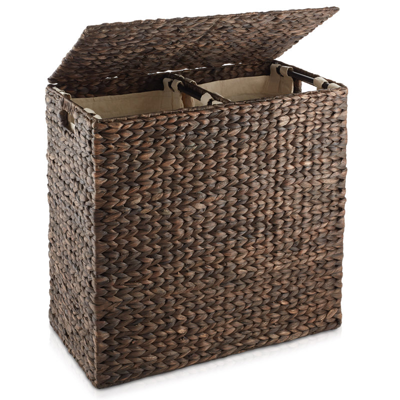 Casafield Laundry Hamper with Lid, 2-Section Water Hyacinth Laundry Basket, Brown