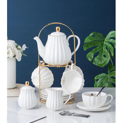 Service à thé et à café en porcelaine fine 17 pièces avec théière, tasses, soucoupes, sucrier, pichet à crème et cuillères à café - Service pour 4