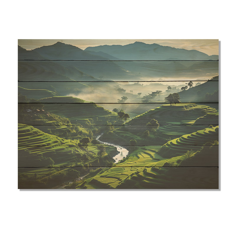 Shimmering Fields Of China - Chine sur impression de bois, H 10 po x l 20 po x P 0,78 po