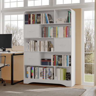 Bookshelf with Storage 3 Bins,70" Tall Bookcase,Arched 5-Tier Open Bookshelves and Bookcases,Farmhouse Wooden Billy Bookcase Display Rack for Bedroom, Living Room, Office,Grey