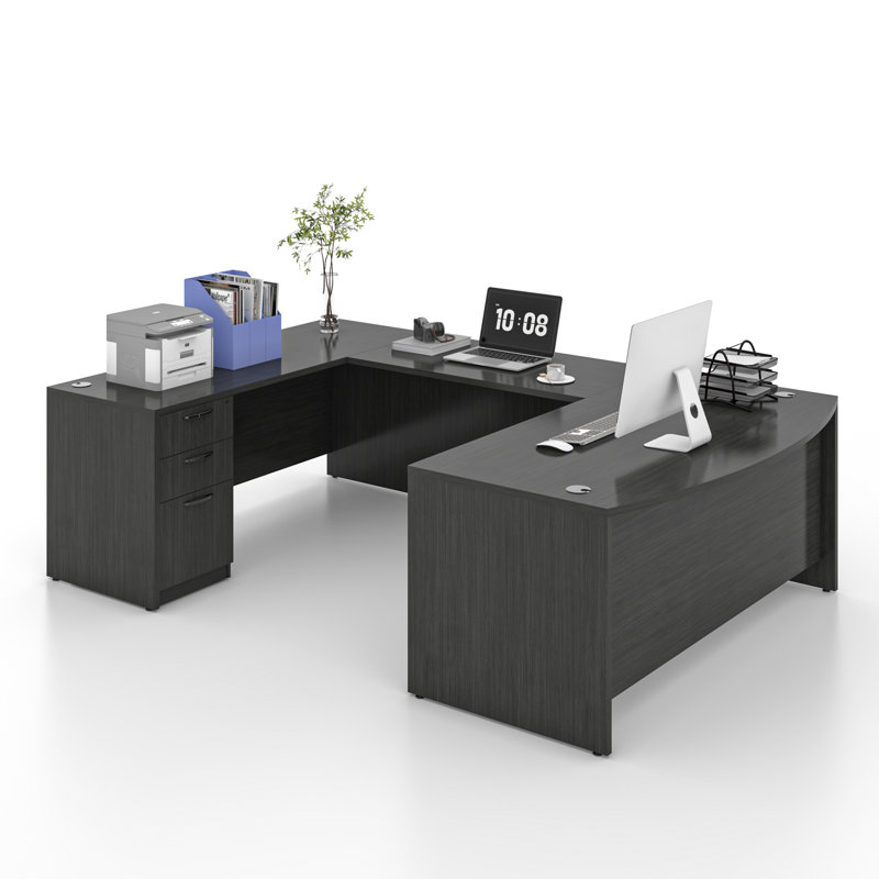 U-Shaped Executive Desk With File Cabinet, Gray