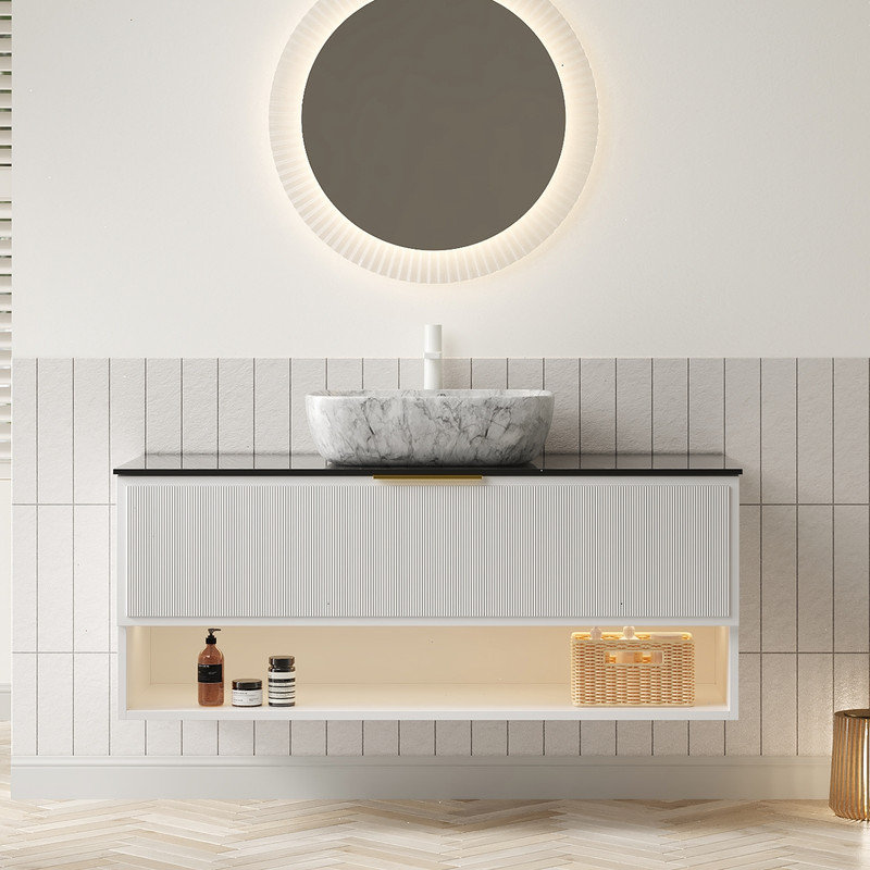 Meuble-lavabo flottant 48 po avec lavabo vasque en céramique, comptoir en pierre frittée, éclairage à capteur DEL et tiroirs de rangement