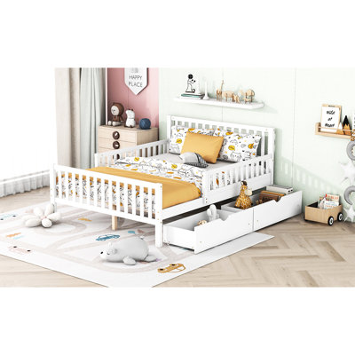 Lit plateforme double en bois blanc avec garde-corps et rangement comprenant deux espaces pour une chambre fonctionnelle et relaxante