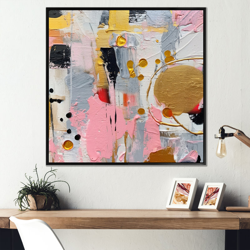 Rose et gris géométrique III sur toile, Cadre flottant noir, H 24 po x l 24 po x P 1 po